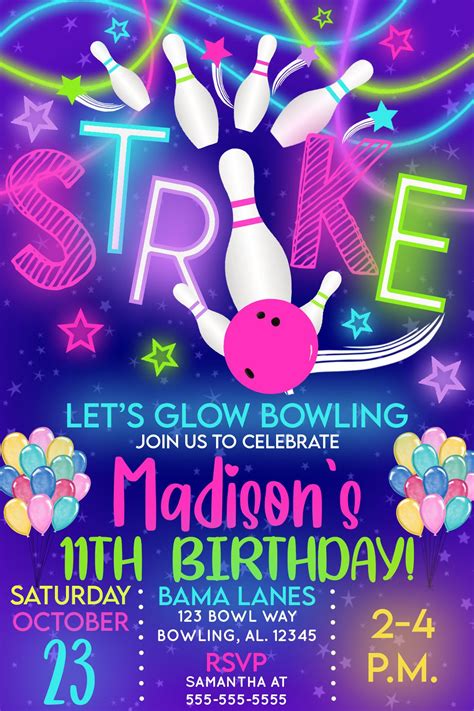 Glow Bowling Birthday Party Invitation Digital File Etsy Bowling