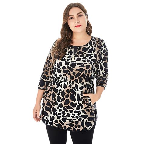 wipalo plus size women leopard print long sleeve side slit t shirt female casual zipper pocket