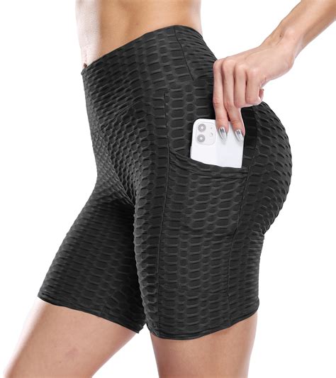 Qric Biker Shorts With Pockets For Women Tiktok Textured Scrunch Booty High Waist Yoga Leggings