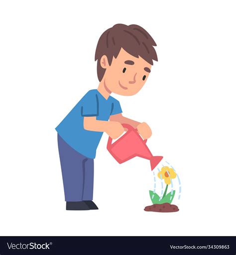 Cute Boy Watering Flower Child Working In Garden Vector Image