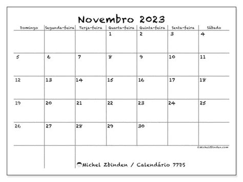 Calendário De Novembro De 2023 Para Imprimir “504ds” Michel Zbinden Pt