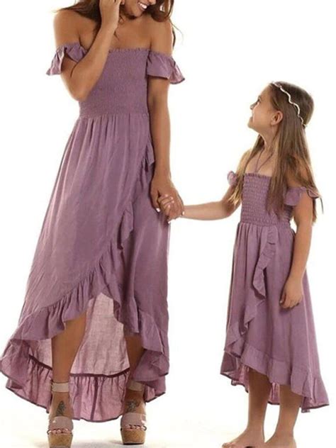 Mommy And Me Ruffle Off The Shoulder Hi Lo Dress Mom And Daughter Matching Mom Daughter