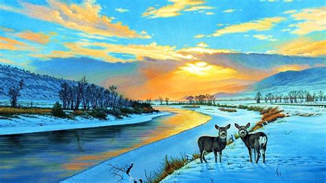 Art Oil Painting Drawing Deer Snowy Sunset Yellow