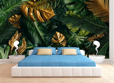 Gold And Green Tropical Palm Leaves Wallpaper Modern Wall Decor Photo