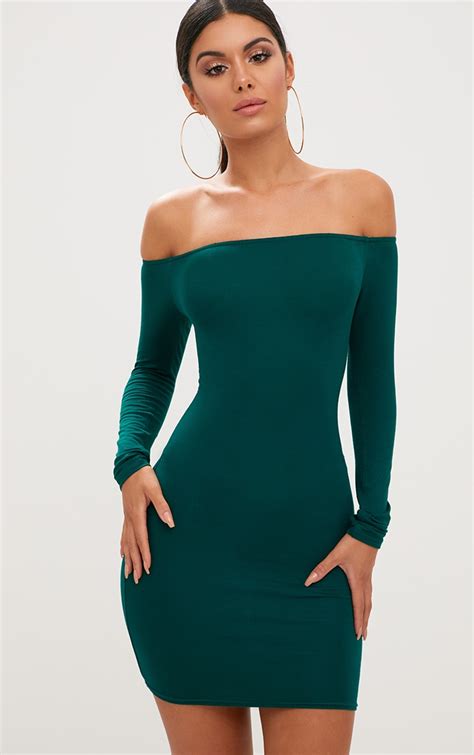 Basic Emerald Green Bardot Bodycon Dress Prettylittlething Usa