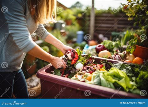 Woman Composting Food Waste Outdoor Compost Bin For Reducing Kitchen