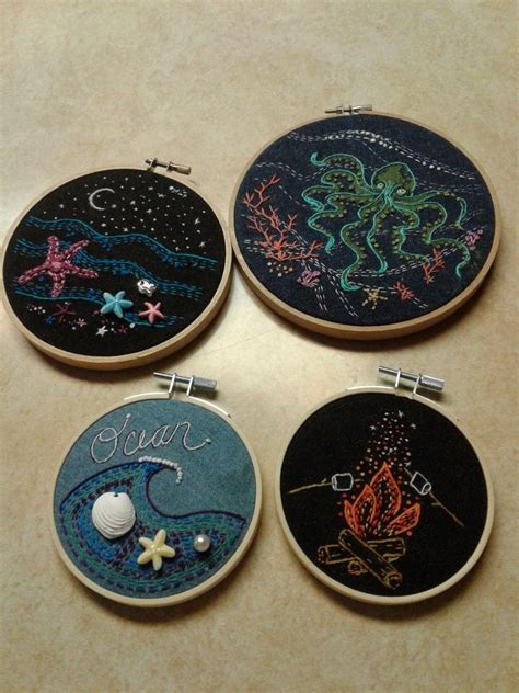 Embroidery Hoop Art Octopussea Stars Sea Shells Handwork For Rainy