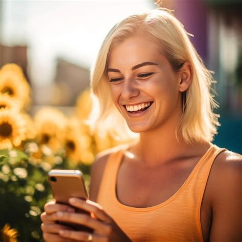 Premium Ai Image Pretty Summer Girl Smiling With A Smartphone