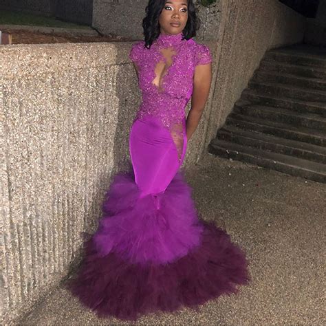 African Mermaid Lace Purple Prom Dresses Long 2019 High Neck Short Sleeve Black Girls Appliqued