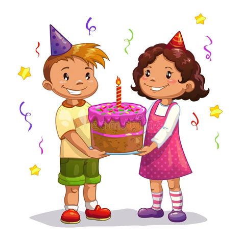 Little Cartoon Kids With Big Birthday Cake Stock Illustration