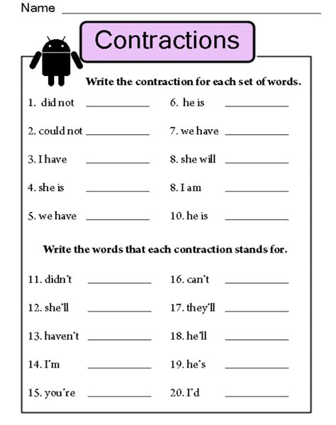 Contraction Worksheet Grammar Worksheets School Worksheets
