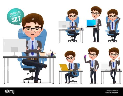 Business Office Desk Vector Character Set Business Man Character