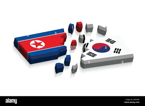 Flag Of North Korea And South Korea 3d Damaged Flags Three