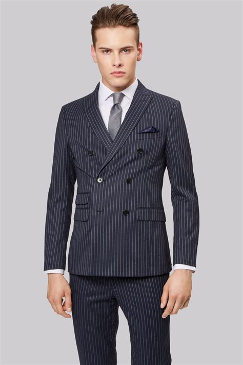 Moss London Skinny Fit Navy Pinstripe Double Breasted Jacket