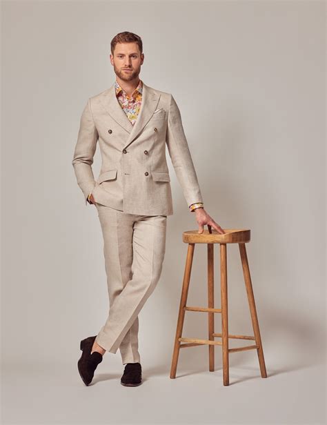 men s cream double breasted linen tailored suit jacket