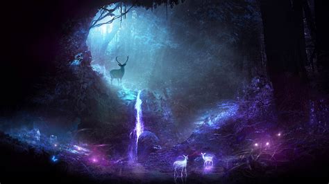 Download Wallpaper 2560x1440 Forest Deer Cave Lights Widescreen 169 Hd Background