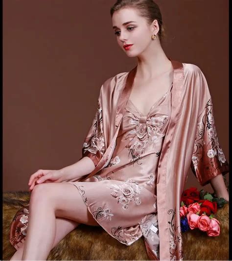 Elegant Women Robe Gown Set Faux Silky Smooth Robe Satin Sleepwear Home Suit Night Sleep
