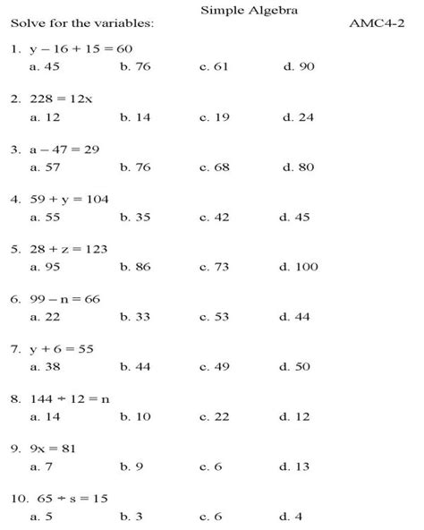Algebra is a branch of math in which letters and symbols are used to represent numbers and quantities in formulas and equations. 7 Best Images of GED Math Worksheets Printable - Free Printable GED Worksheets, Simple Algebra ...