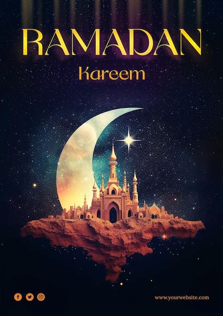 Premium Psd Ramadan A4 Poster With Arabic Mosque And Crescent Moon
