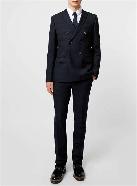 Topman Navy Double Breasted Skinny Fit Suit Jacket With Subtle Check