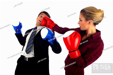 Woman Wearing Boxing Gloves Punches Man Stock Photo Picture And