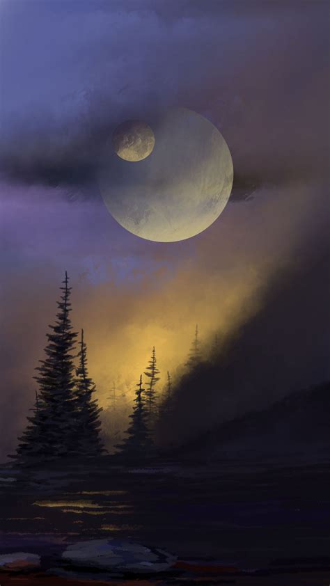 Download Wallpaper 2160x3840 Forest Trees Moon Night Art Dark