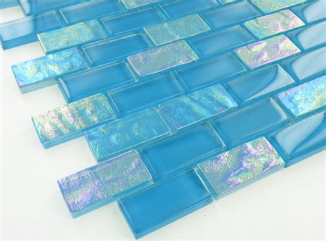 Breeze 7 8 X 1 7 8 Blue Glossy And Iridescent Glass Tile Iridescent Glass Tiles Brick Tiles