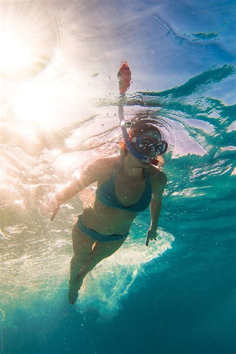 Woman In Bikini Snorkeling Underwater At All Inclusive Caribbean