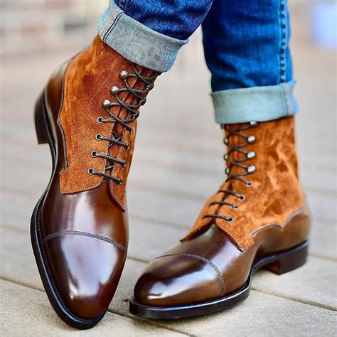 Handmade Mens Ankle High Leather Two Tone Brown Boots Custom Made