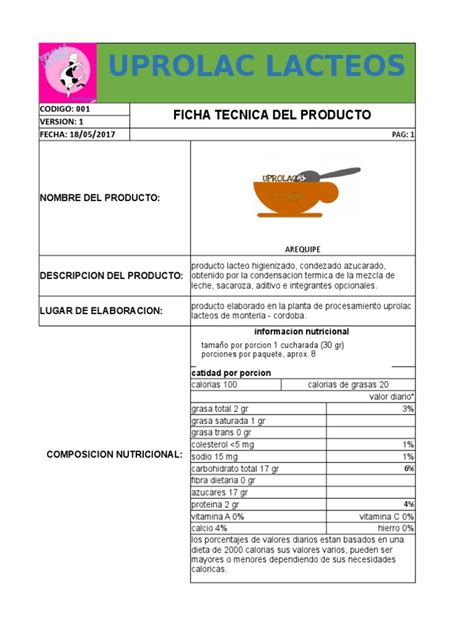 Ficha Tecnica Del Arequipe Pdf Leche Productos Lácteos