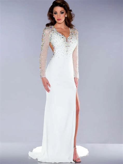 Sexy Backless White Prom Dresses V Neck Long Sleeves Colorful Beading Sequins Chiffon Long
