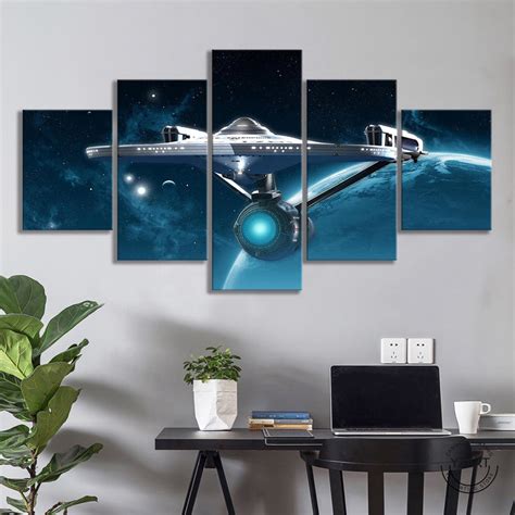 Star Trek Spaceship Enterprise Framed 5 Piece Movie And Tv Canvas Wall A