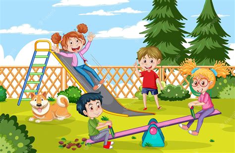 Premium Vector Happy Children Playing At Playground