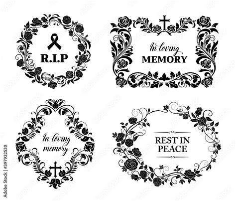 Funeral And Obituary Condolence Cards Rip Flowers Wreath Vector