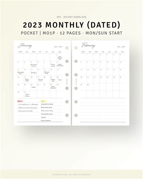 Monthly Planner 2023 Pocket Planner Printable Dated Monthly Calendar