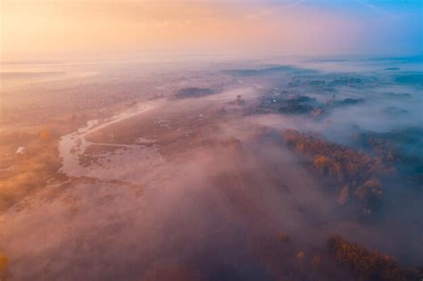 Premium Photo Early Foggy Morning Aerial View Of Countryside And
