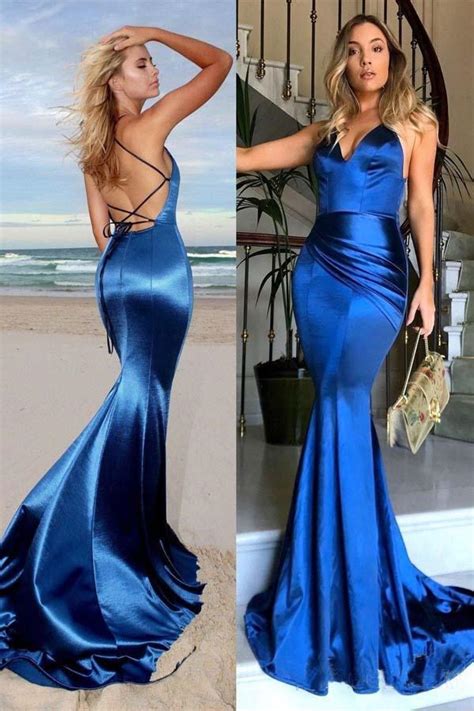 Royal Blue Satin Backless Long Mermaid Prom Formal Dresses PG769