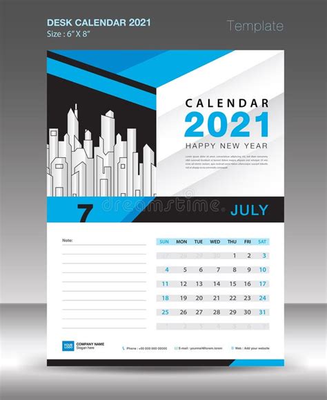 Calendar 2021 Template Blue Background Concept July Month Desk