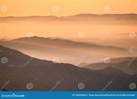 Orange Colors Of Sunrise In Mountains Morning Mist In The Valley Edit
