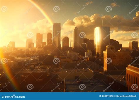 Rainbow Over City Skyline Aerial Panoramic View Of Cityscape And