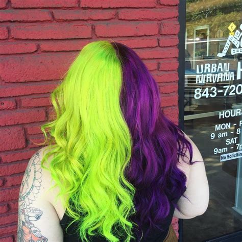 Half And Half Green And Purple Split Dyed Hair Green Hair Ombre