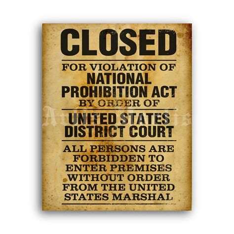 Printable Prohibition Closed Sign Vintage Bar Bootlegger Poster