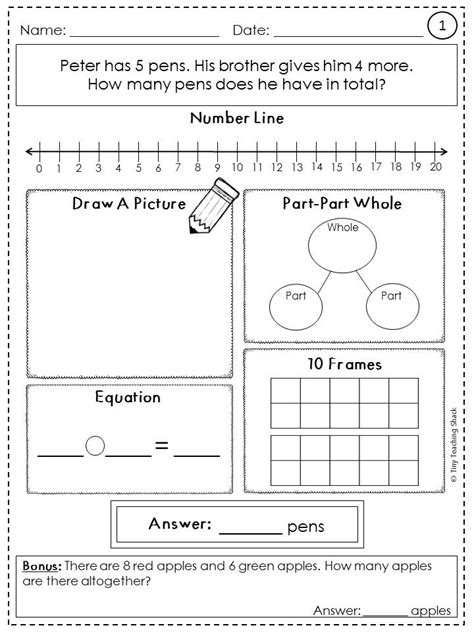 Grades 1st to 3rd addition word problems ~ sums to ten. Word Problem Practice Sheets- 2 Whole Numbers OA.A.1 ...