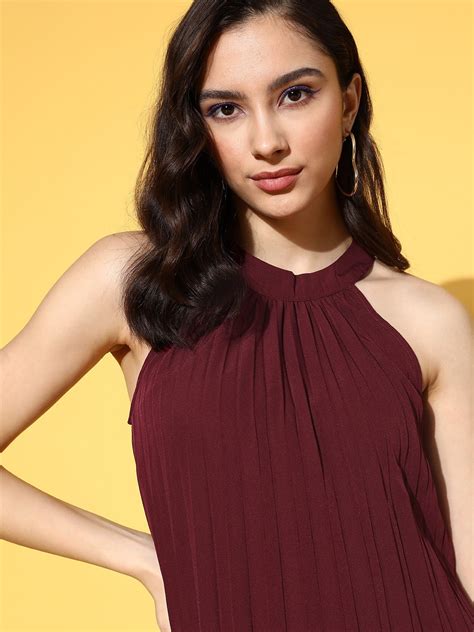 Women Solid Maroon Halter Neck Sleeveless Accordion Pleated A Line Mini