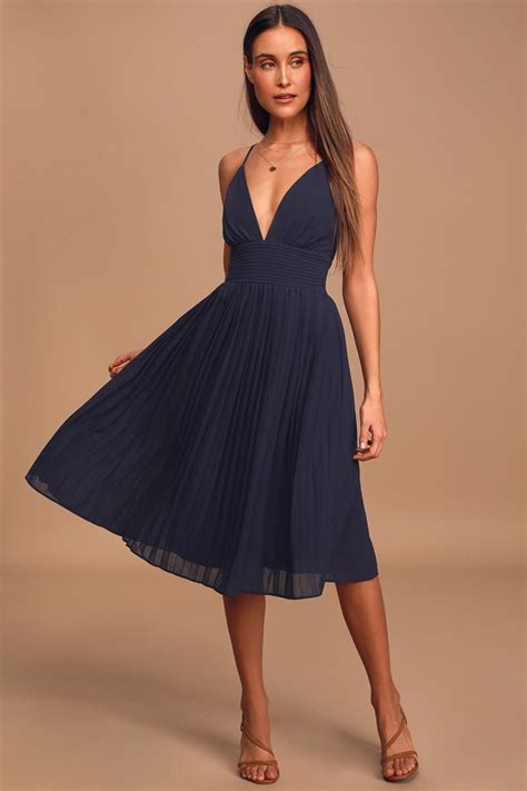 Stunning Navy Blue Dress Pleated Dress Pleated Midi Dress Lulus