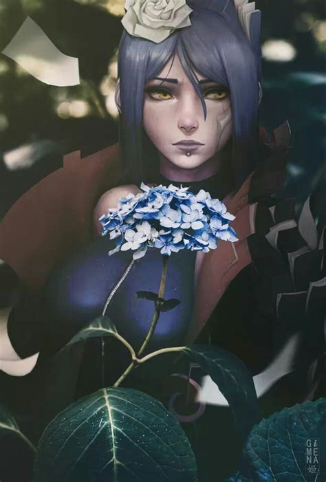 A Woman With Blue Hair And Flowers In Her Hand