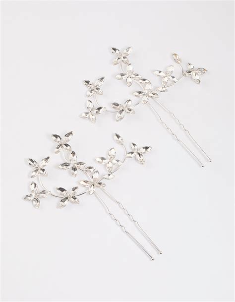 Silver Flower Leaf Diamante Hair Pin Pack Lovisa