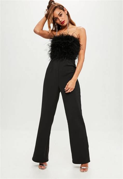 Black Jumpsuit With Feather Detailing Bandeau Style And Black Hue Jumpsuits For Women