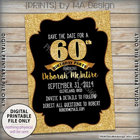 gold birthday party save the date standard or surprise black and gold glitter printable 5x7