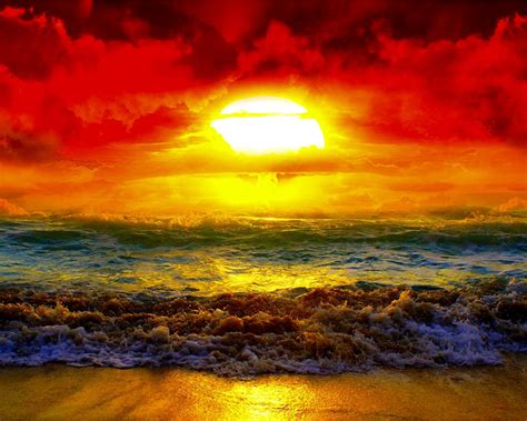 Beautiful Sunset Horizon Red Clouds Sea Waves
